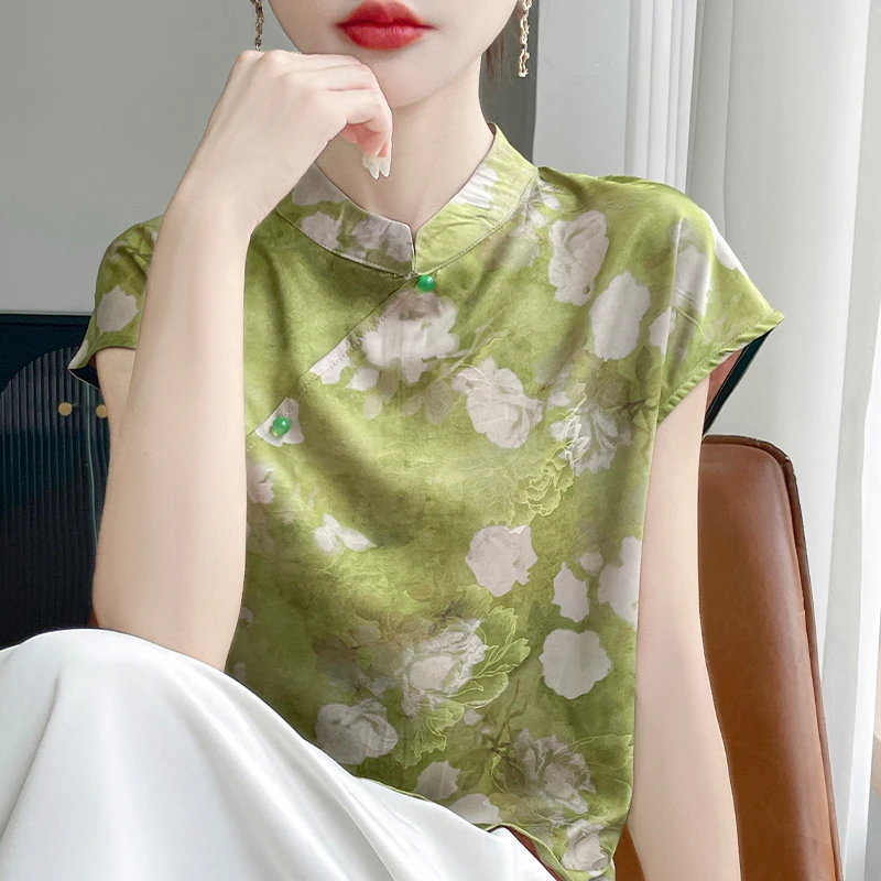 【运费补贴】100%桑蚕丝立领水墨晕染短袖盘扣设计款T恤45YTM-A99