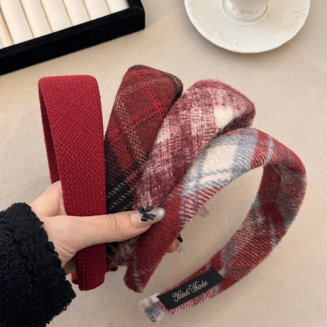 秋冬新款气质红色格纹毛呢发箍女圣诞新年红宽边头箍高颅顶发饰品