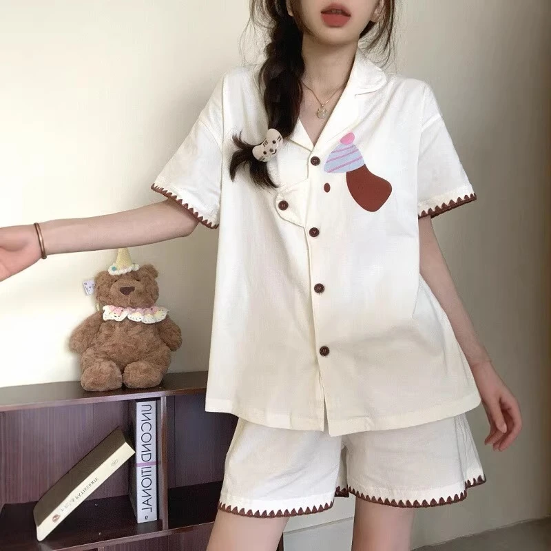 夏天可爱小狗拼接棉质睡衣套装女款夏季棉绸短袖家居服2025新款夏