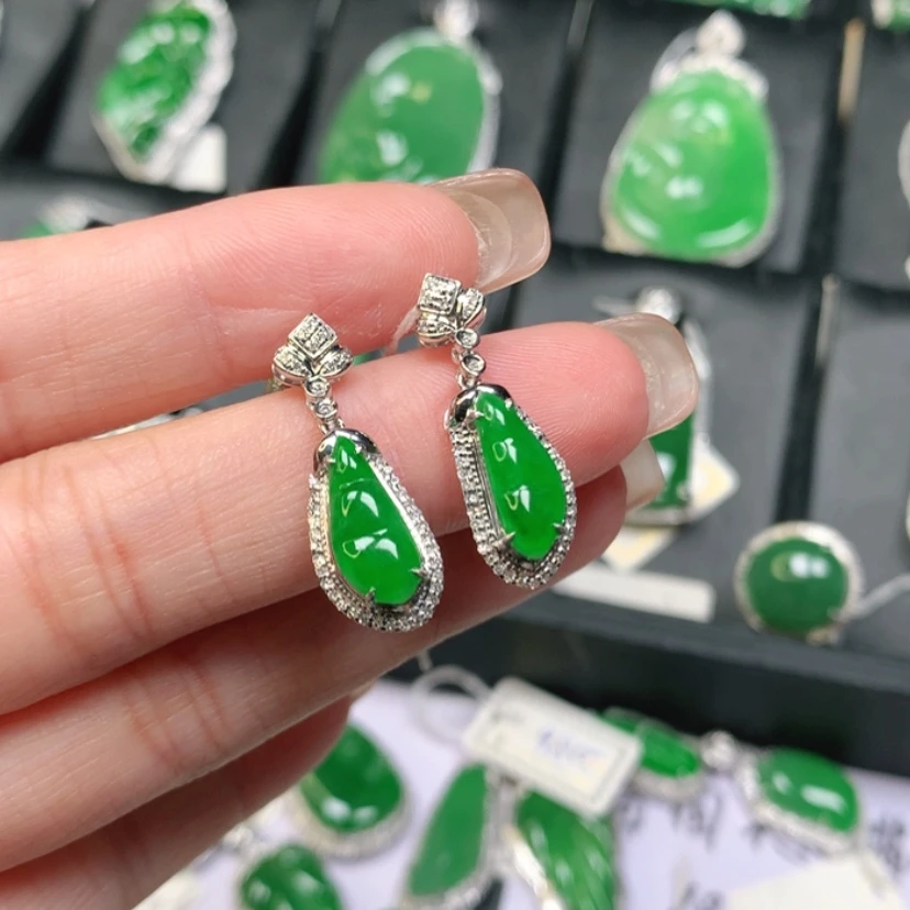 【闪购商品】18K金镶嵌翡翠耳饰福豆