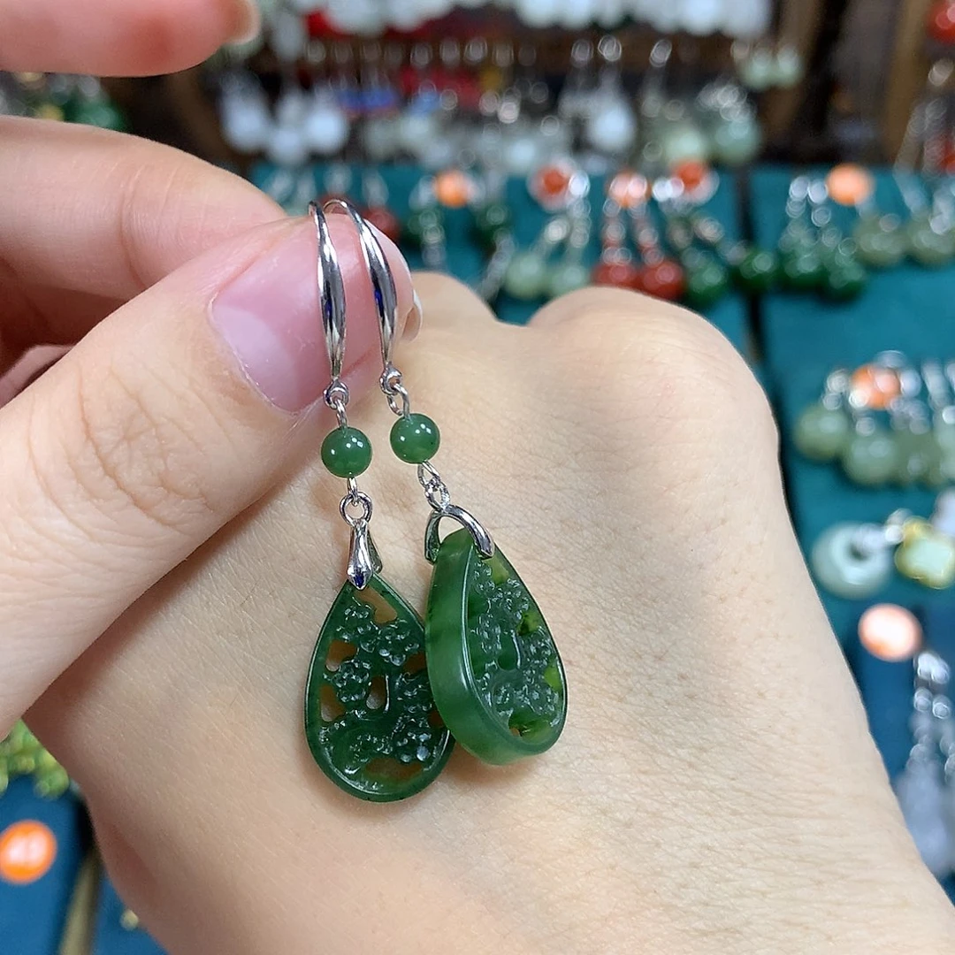 和田玉（碧玉）银S925镶嵌耳饰镂空水滴卡19左右