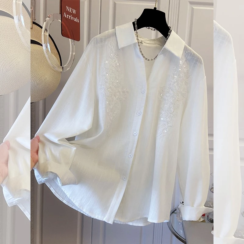 高级感绣花亮片长袖衬衫大码宽松上衣女新款小众轻薄舒适别致衬衣