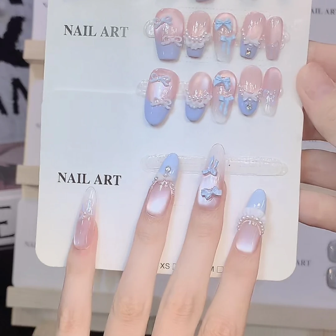 【奶蓝甜心】时尚清新纯欲高级感成品美甲穿戴式手工穿戴甲