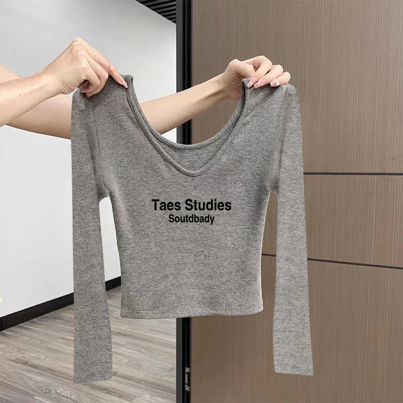 上衣纯欲短款露脐v领修身T恤女早秋大领口露锁骨前后两穿长袖正肩