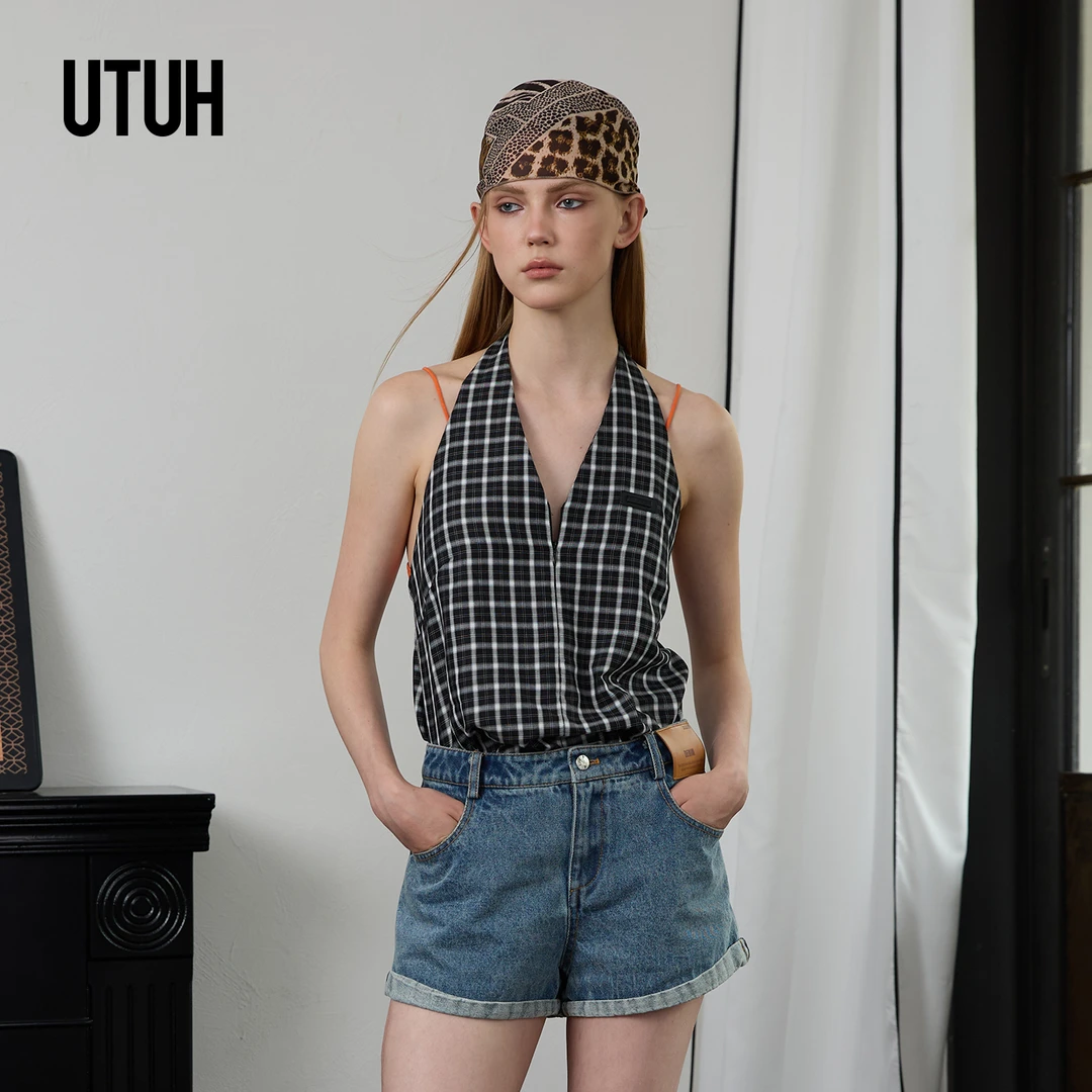 UTUH 拼色格纹挂脖显瘦牛仔连体裤复古街头25夏季新款 TUWWR2K175