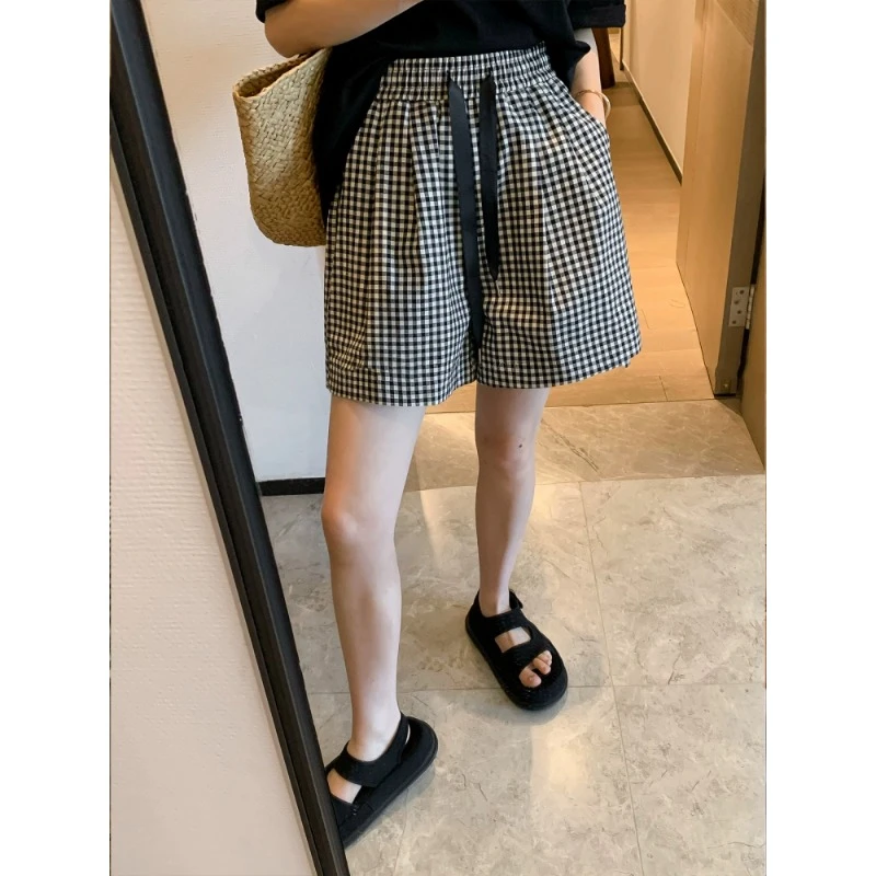 高腰格子短裤女款爆款2025新款夏季慵懒风薄款裤子显瘦小个子a字