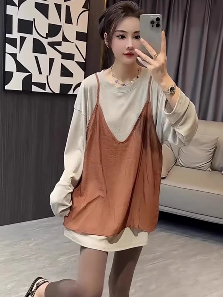 欧货夏季新款时尚设计感叠穿V领吊带背心长袖圆领打底衫两件套女