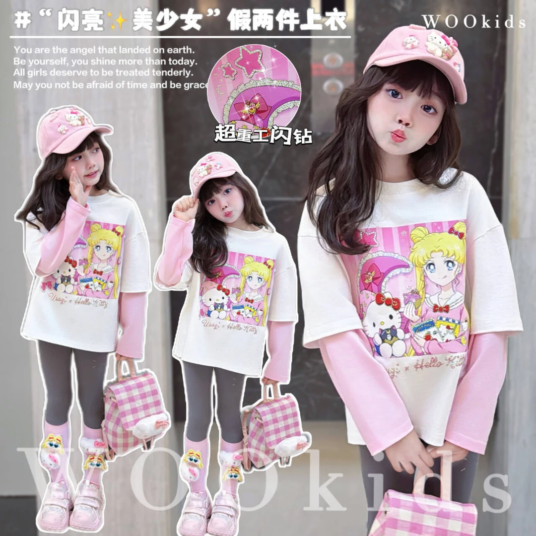 现货-WOOkids8【KT美少女】亲子兄妹童装假两件长袖T恤 W25010701