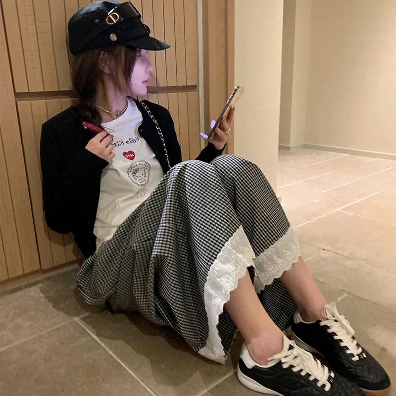 孕妇慵懒休闲韩系蕾丝拼接格纹休闲阔腿裤女休闲裤春秋薄款宽松