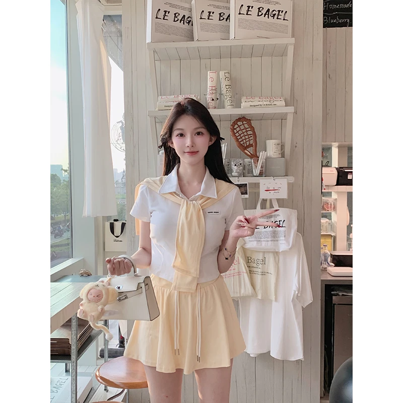 【张稚昂studio】miu系学院风短袖T恤+披肩+小鸡黄半身裙三件套装