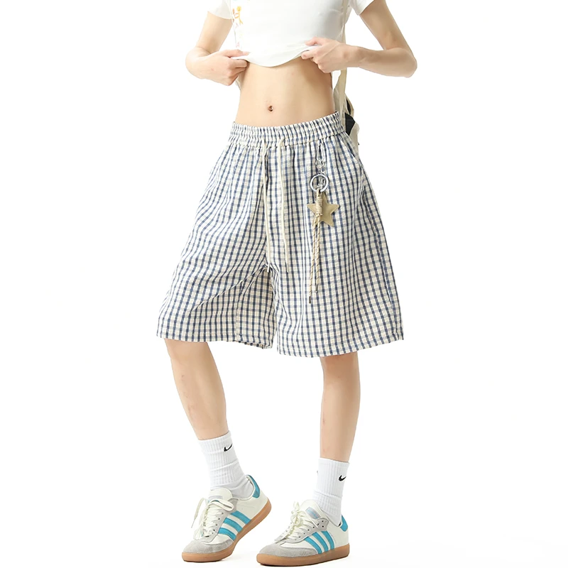 星星挂饰蓝格子短裤男女夏季百搭休闲直筒半截裤高级感痞帅五分裤