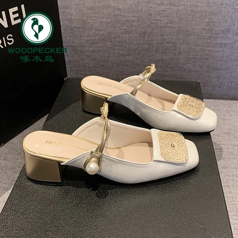啄木鸟包头半拖鞋一字带夏中式玛丽珍拖鞋后空粗跟穆勒凉拖鞋女士