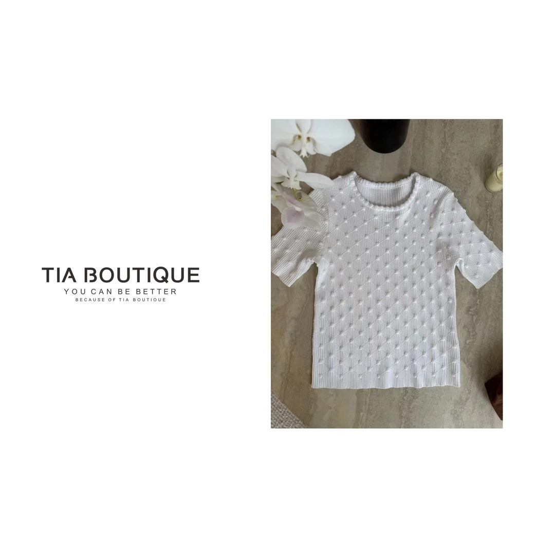 【25p菱格短袖】春夏新重工菱格织顶版钻扣短袖针织上衣SY0122