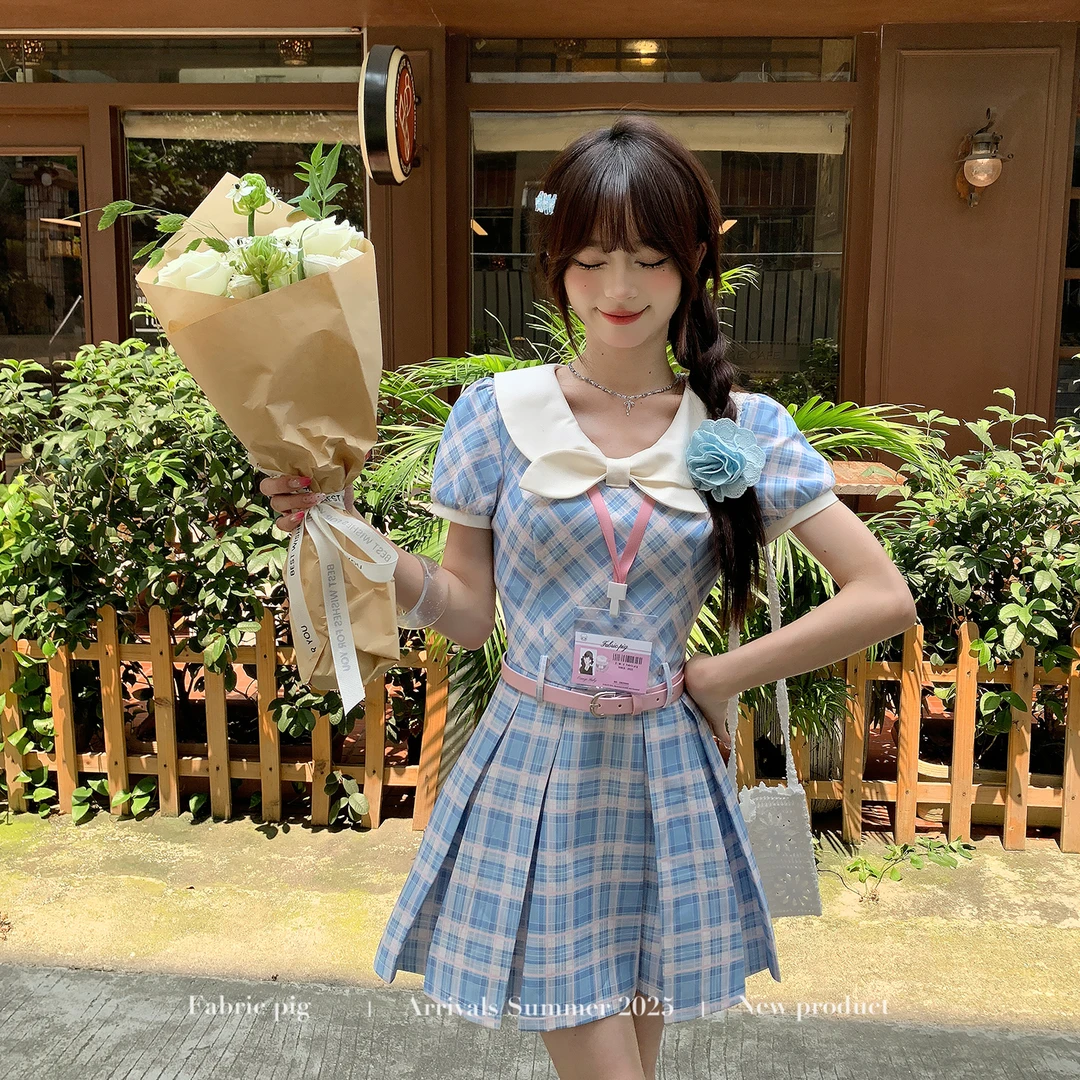 英伦格调 织物猪原创 学院风蓝色娃娃领连衣裙女夏收腰格纹短裙