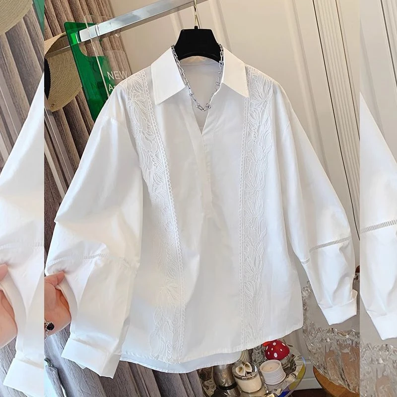 2025春季新款法式大码绣花蕾丝拼接氛围感简约白色衬衫洋气上衣女