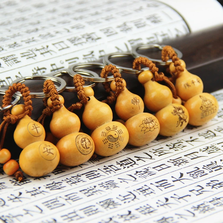 木质福禄葫芦汽车钥匙扣平安挂件小葫芦配饰带挂绳印花创意饰品