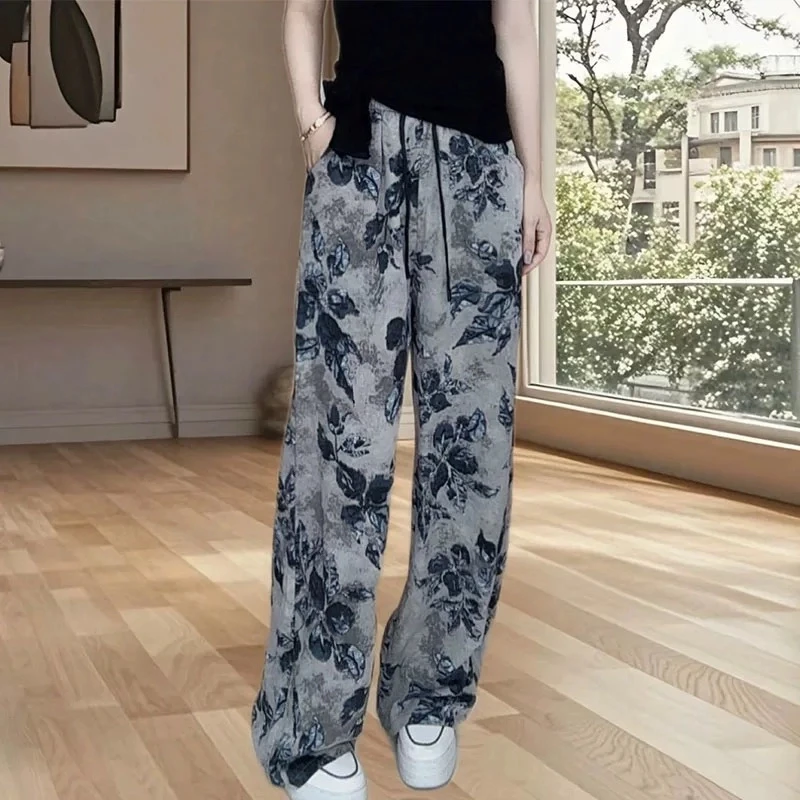 复古印花休闲裤女夏季新款松紧腰显瘦气质时髦洋气百搭直筒阔腿裤