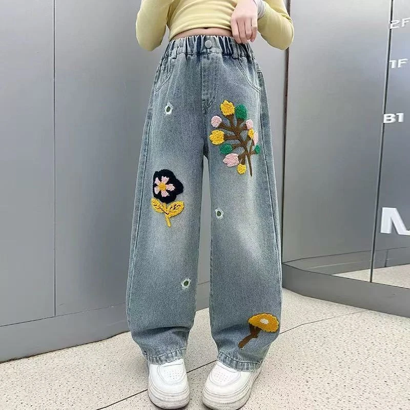 裤子百搭春秋字母绣花女童中大童牛仔裤女童不加绒儿童宽松牛仔裤
