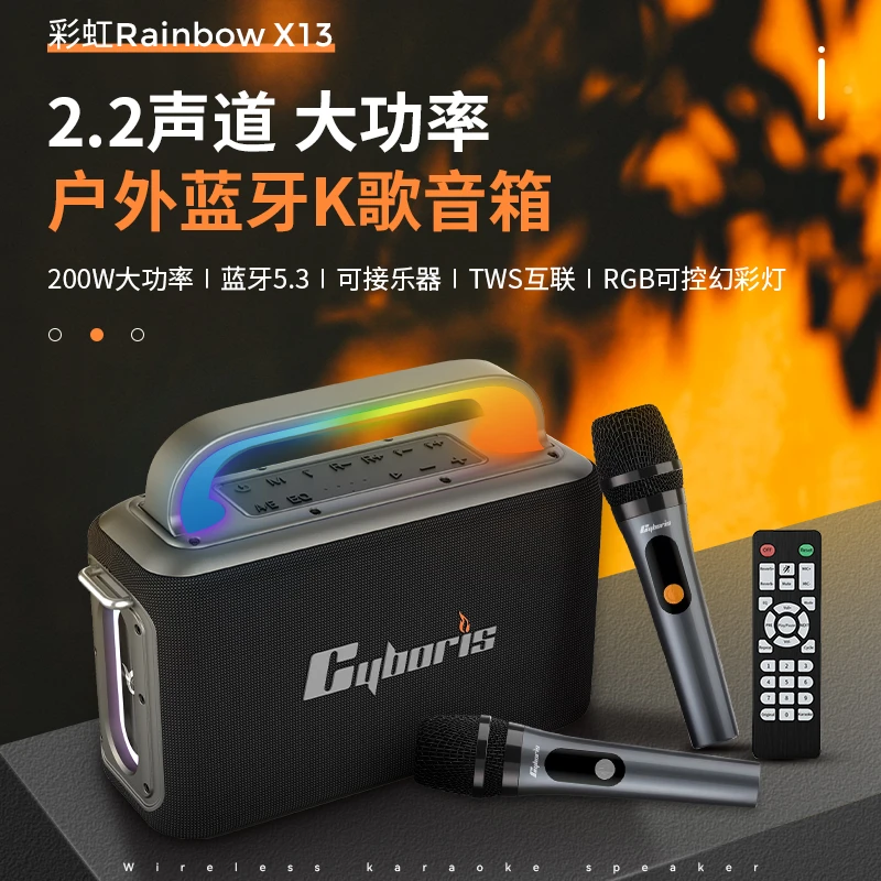 赛柏瑞斯彩虹X13新款2.2声道200W大功率户外K歌蓝牙音箱乐器音响