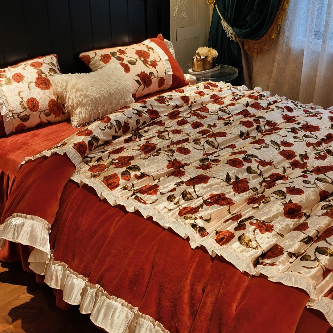 小冲冲【盛世美颜】法式浪漫小众风情褶丝绒婴肤绒四件套秋冬