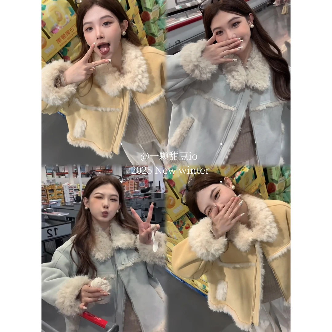 仿羔毛外套女2025冬季短款小个子机车服软糯加厚上衣385