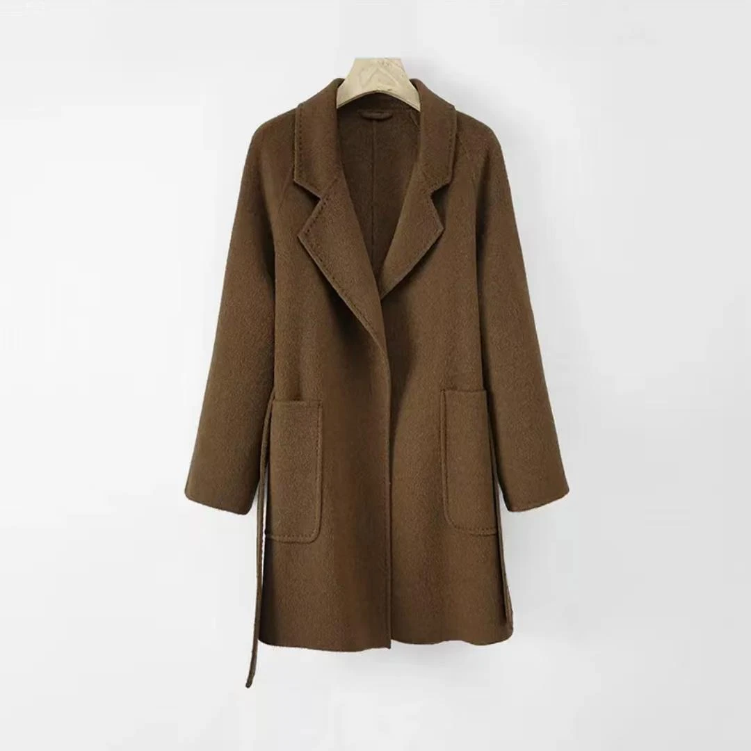 （长毛）浴袍款中长款女毛呢外套呢大衣秋冬女装百搭翻领-W077