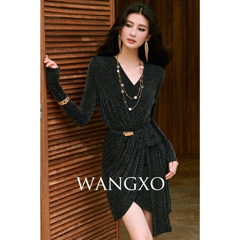 WANGXO  璀璨星河坑条亮丝抽皱连衣裙250871W