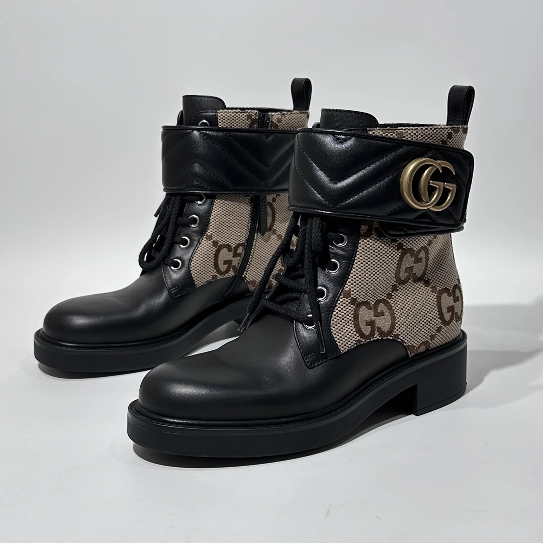 99新 GUCCI/古驰 35.5码 黑棕老花时尚短靴/ML80380