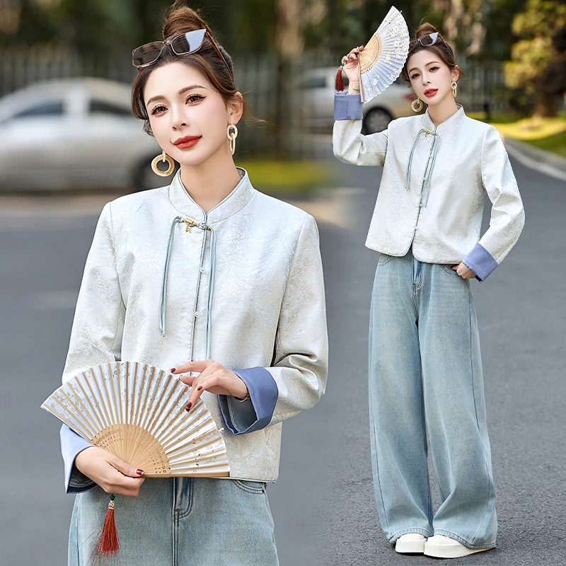 欧洲站新中式国风外套女2024新款显瘦气质高级感百搭复古提花上衣