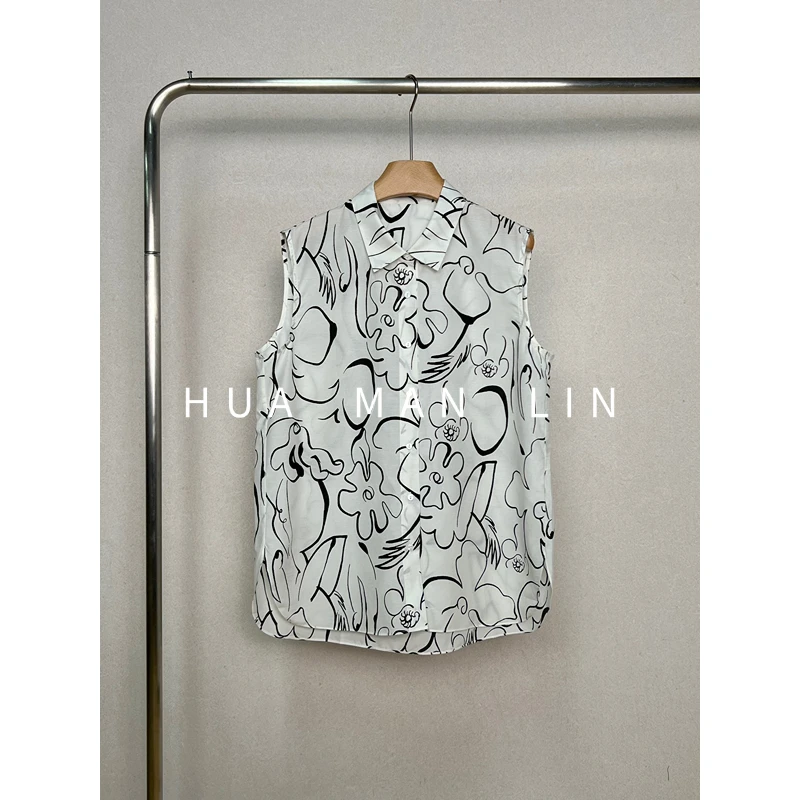 【花满林】翻领卡通涂鸦真丝桑蚕丝丝棉无袖上衣60310
