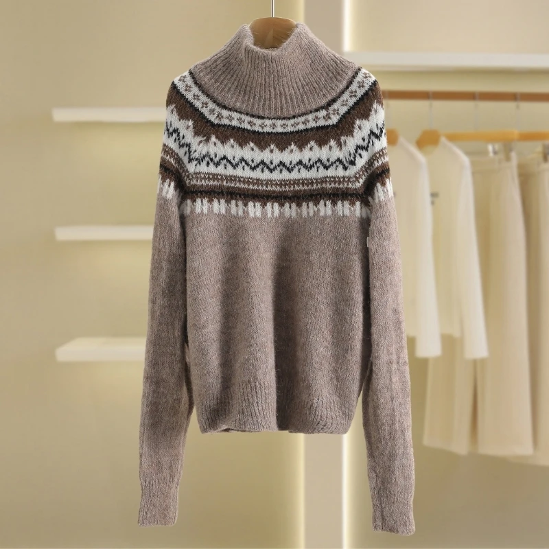 【伍莎-自营】拼色宽松高领保暖粗针加厚毛衣#ZLC38M018