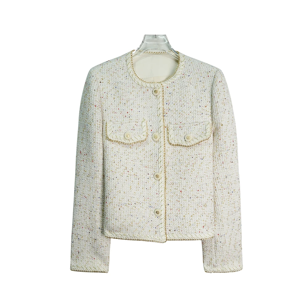 X2545【上新】时尚韩版气质百搭法式小香风轻奢长袖圆领米白色外套