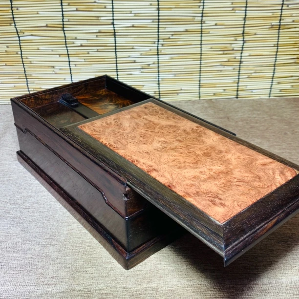 交趾黄檀配缅花瘤疤三层机关盒首饰盒