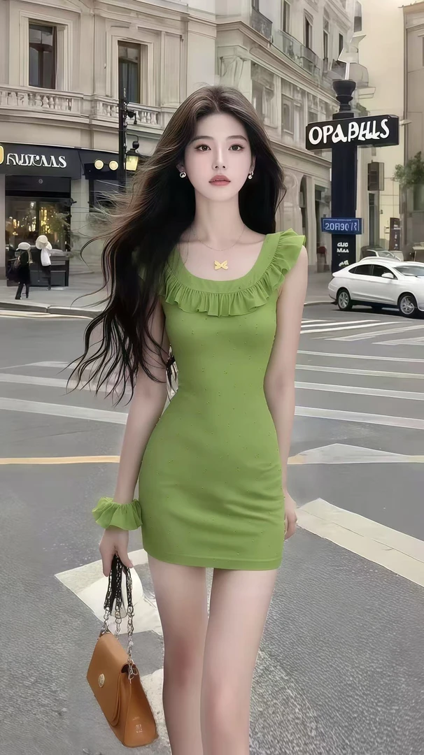 新款气质氛围感优雅名媛绿色U领修身收腰包臀连衣裙女小众短裙