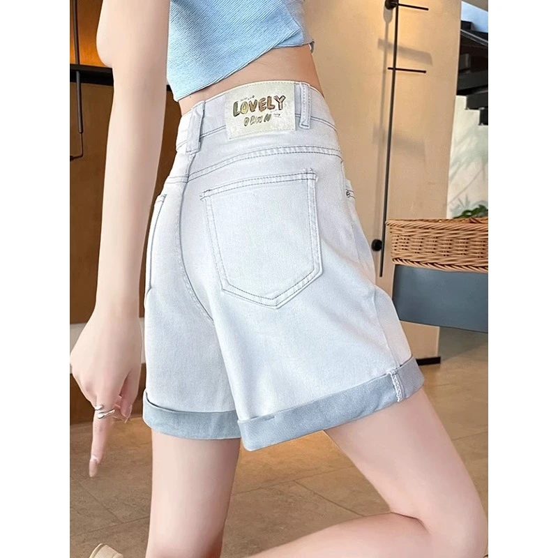 灰白色高腰牛仔短裤女2025年秋季新款显瘦宽松大码胖mm卷边热裤潮