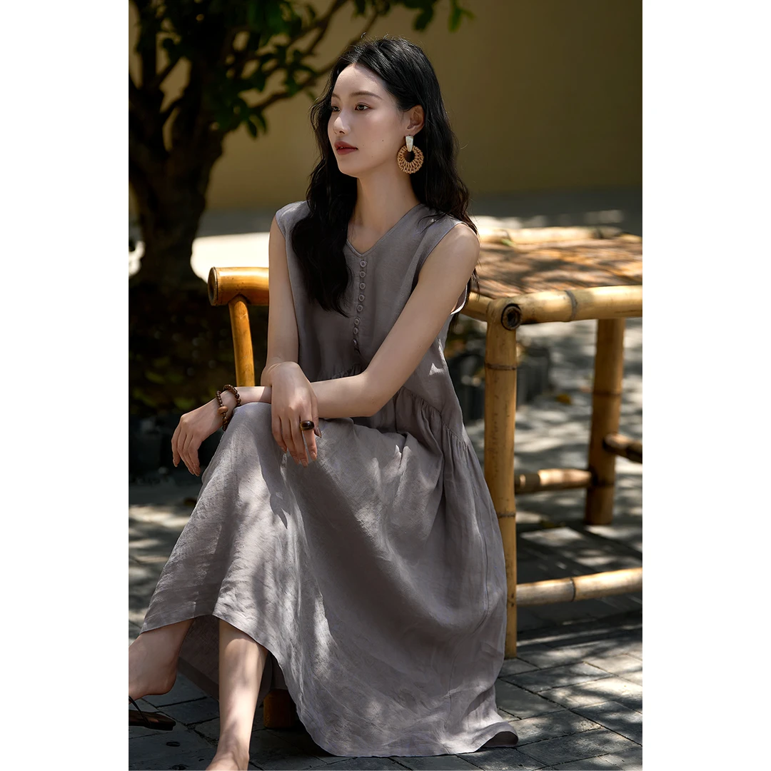 「远山如黛」清凉背心裙/亚麻+汉麻/中长文艺风连衣裙QZQ880585MG