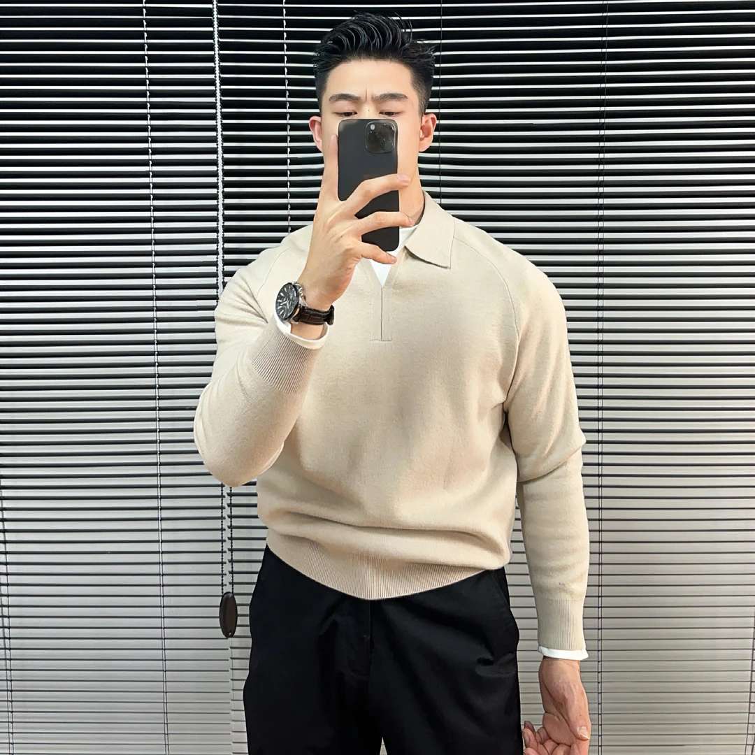 秋冬新品长袖针织衫翻领秋季针织衫内搭毛衣套头修身纯色单穿男装