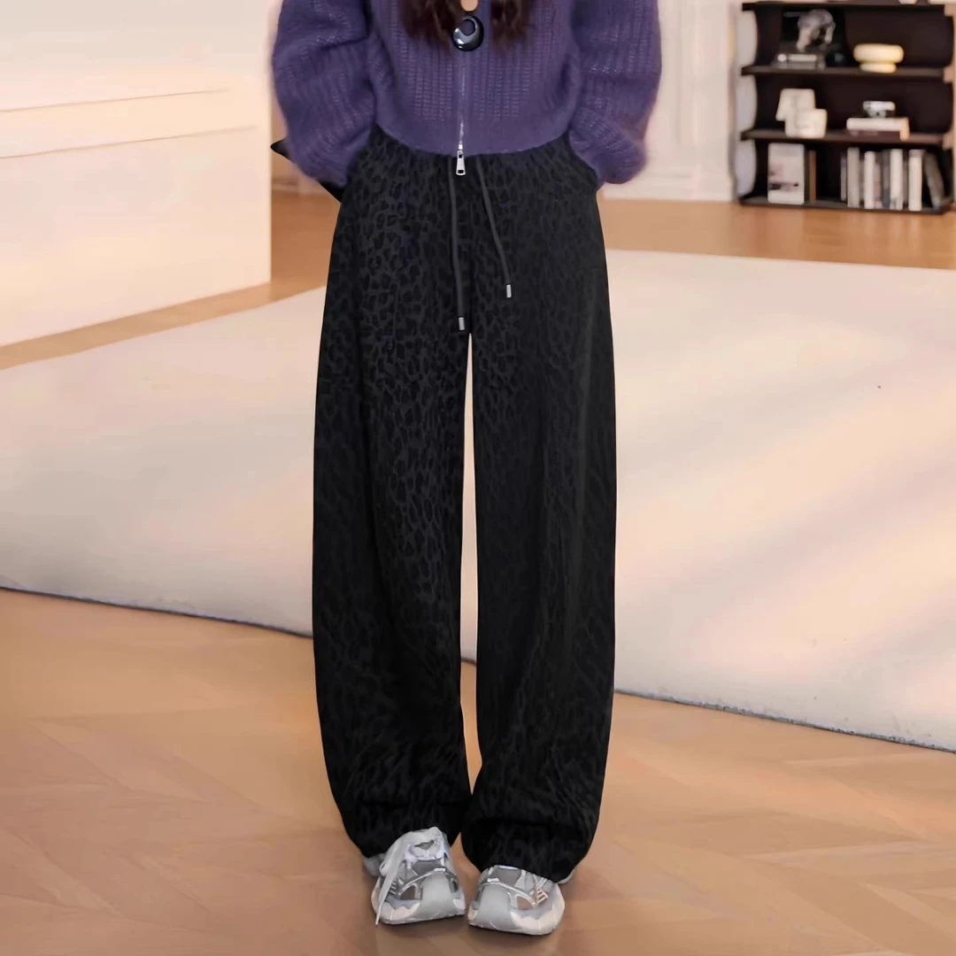 大码美式洋气豹纹抽绳直筒裤女2025秋冬胖mm高腰显瘦加厚休闲长裤