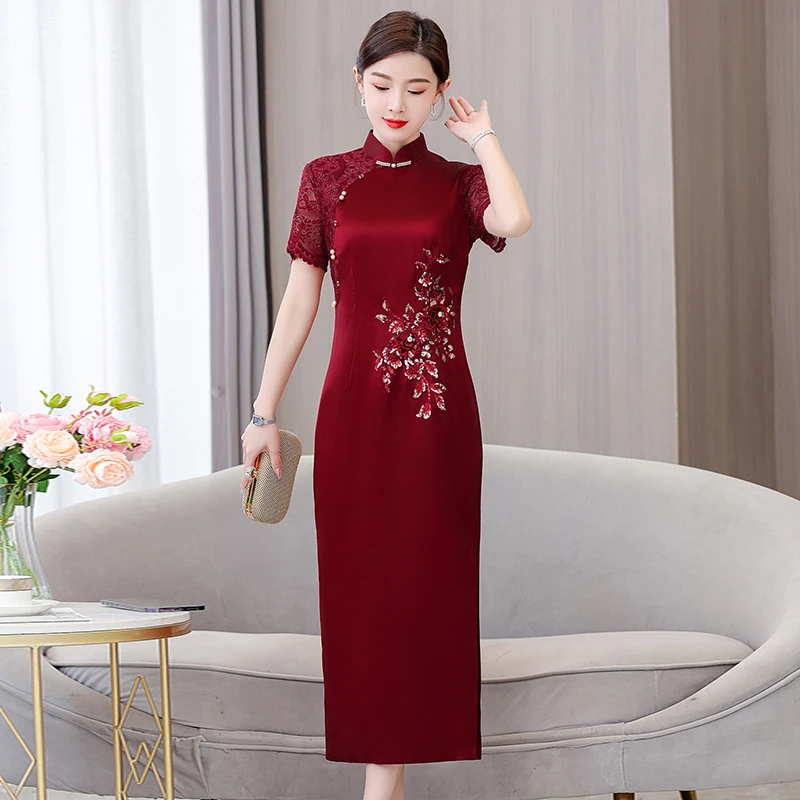 喜婆婆高级感旗袍醋酸连衣裙夏季2025新款气质收腰丈母娘开叉礼服