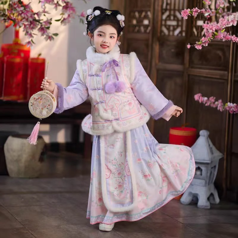 （紫绣）汉服女童冬季儿童中国风过年服加厚2026新款拜年服