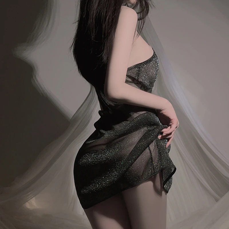【印象派】纯欲深V亮丝深V火辣开叉夜店风大码女睡裙