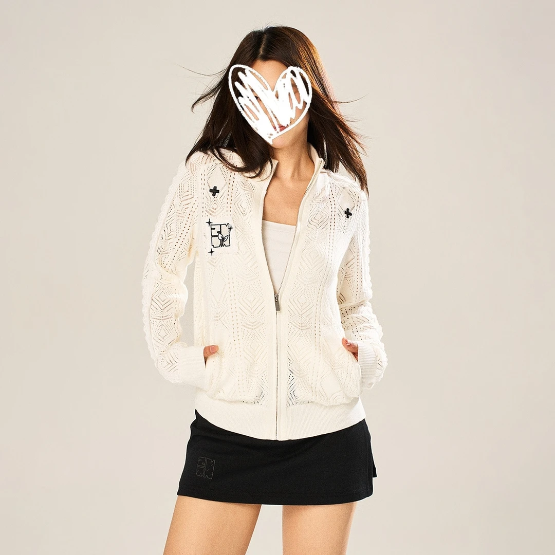 春秋新款针织开衫女拉链长袖镂空刺绣短款设计感百搭显瘦外套上衣