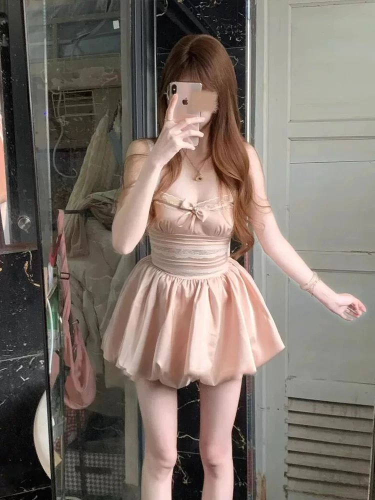 微胖mm法式甜美蕾丝花边吊带连衣裙女收腰显瘦花苞裙