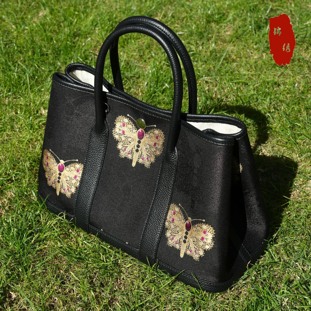 【锦绣】上久楷宋锦黑金蝴蝶花园包 新中式桑蚕丝
