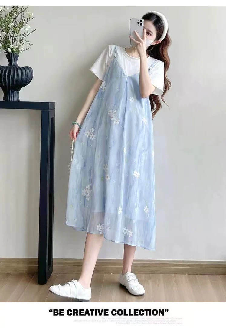 夏季新款设计感假两件T恤拼接连衣裙女宽松显瘦碎花裙子