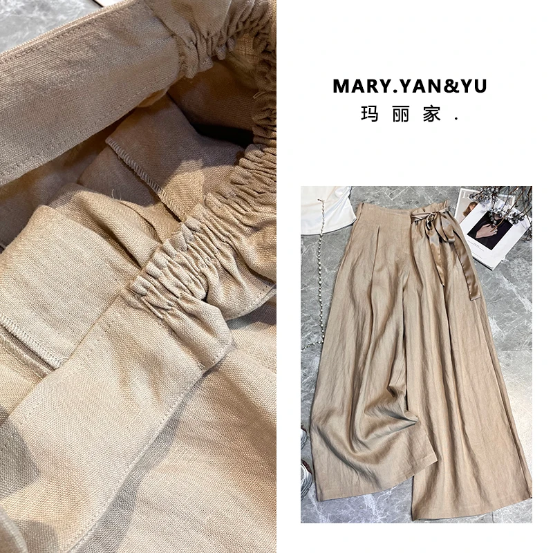 2025春夏新款纯色亚麻阔腿裤女气质高腰复古朋克风休闲长款阔腿裤