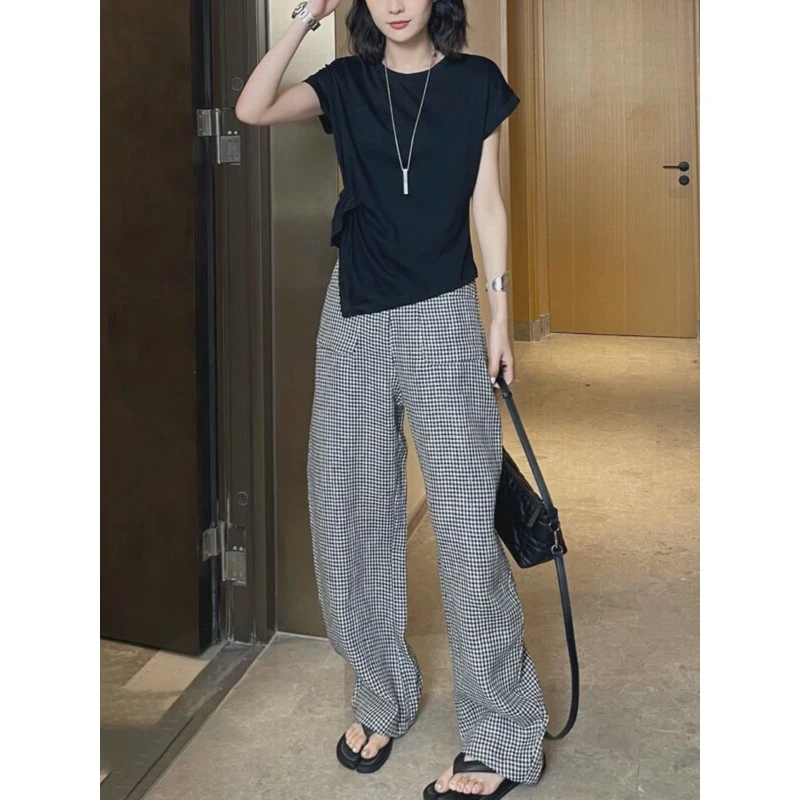夏装搭配一整套不规则开叉设计感短袖T恤女高腰格子直筒阔腿长裤