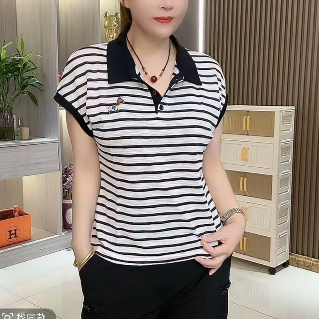 休闲风条纹短袖显瘦V领女士大码T恤通勤