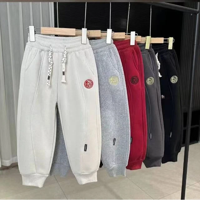 【林林夫妇】儿童刺绣撸猫绒卫裤冬季新款年款刺绣卫裤FX24476【H】