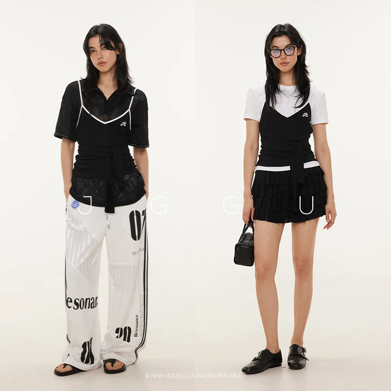 晶咕黑标JGGU【破碎边际】刺绣撞色领绑带腰背心V领高弹修身上衣